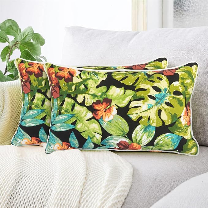 Lumbar Pillow with Insert, Set of 2, Outdoor Indoor Waterproof Decorative Patio Lumbar Pillow 12x20 Inch, Rectangular Cushion for Couch Sofa Garden Farmhouse Decoration-Tropical Green Leaves