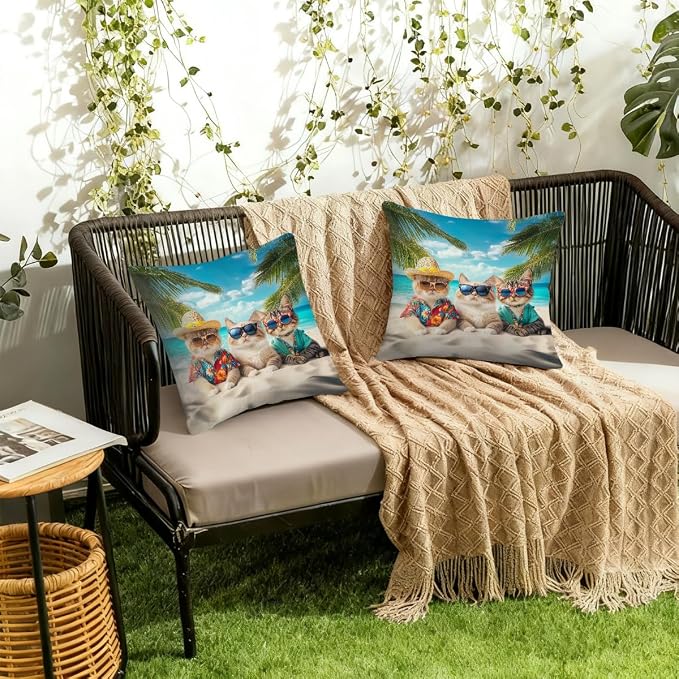 16x16 Inch Outdoor Pillow Covers Set of 2 Waterproof Throw Pillow Covers Decorative Couch Cushion Covers Beach Cats Sea Square Pillowcases Protectors for Patio Garden Sofa