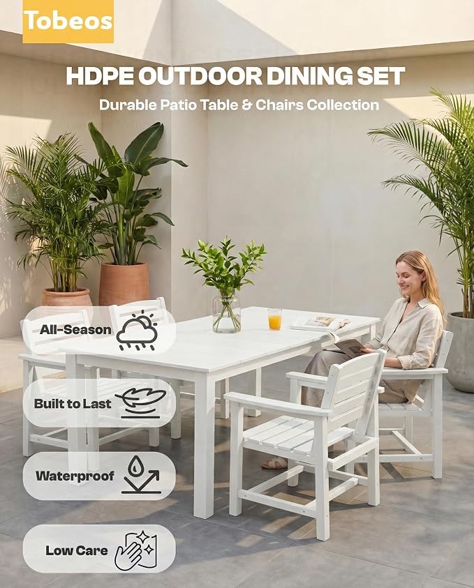 7-Piece Outdoor Dining Set with Aluminum Frame for 6,White | HDPE material, 2" umbrella hole, patio table and chairs, ideal for yard, lawn, garden, balcony, deck, poolside