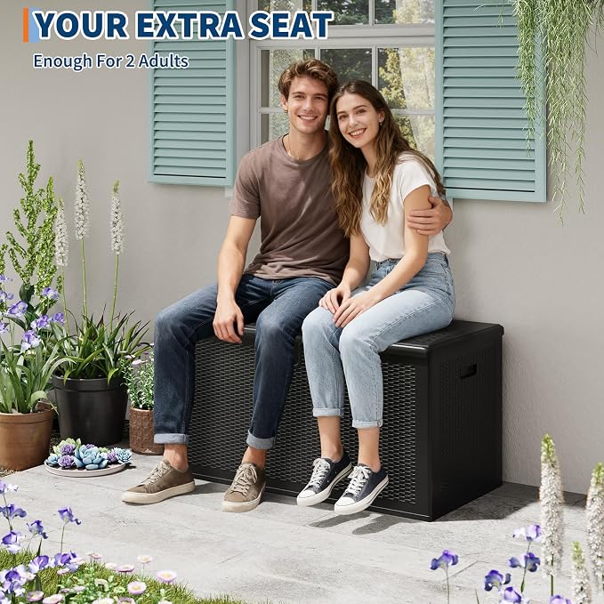 IDEALHOUSE 150 Gallon Resin Deck Box, Waterproof Outdoor Storage Box with Lockable Lid & UV Resistant, Patio Furniture Cushion Storage Container for Garden, Backyard, Poolside (Black)