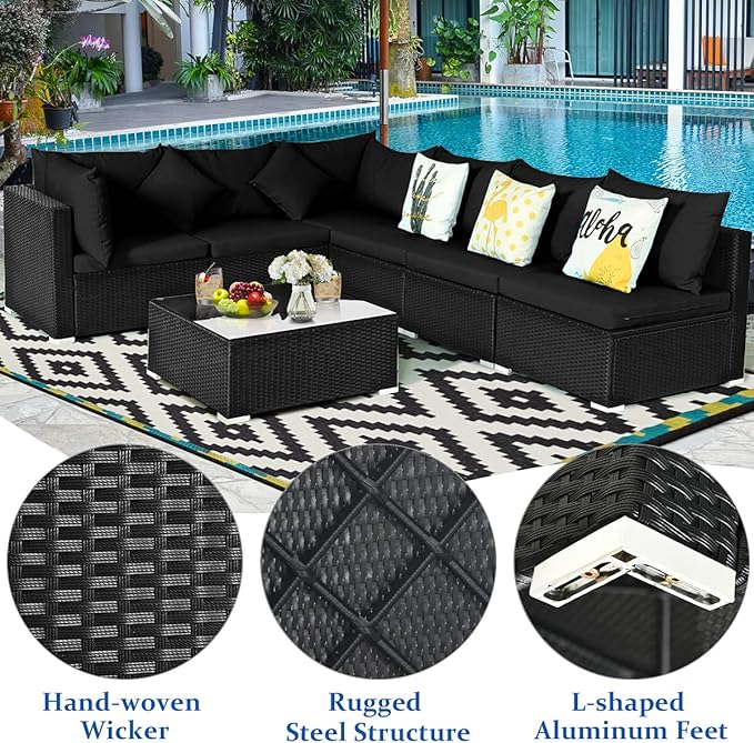 COSTWAY 7 Pieces Patio Furniture Set, Outdoor Rattan Conversation Set with 6 Seats, Coffee Tea Table, Soft Cushions, Wicker Patio Sectional Sofa for Garden Balcony Porch Poolside, Black
