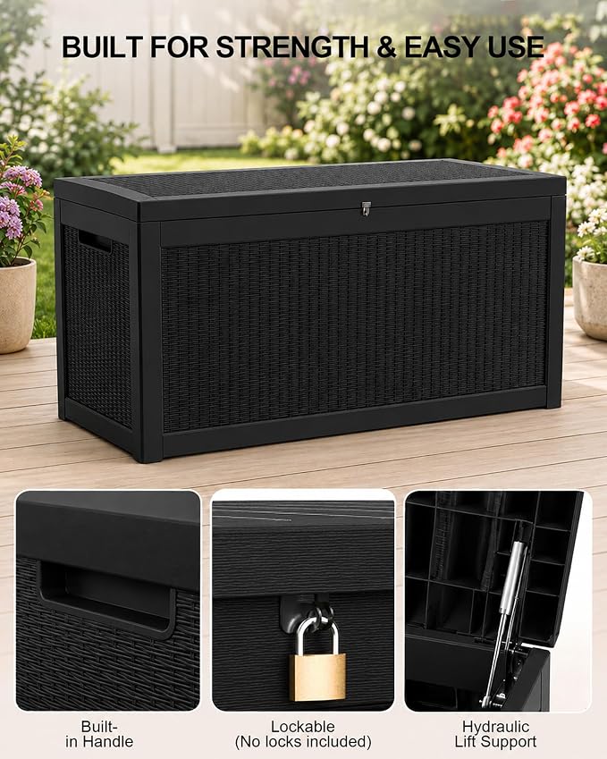 325 Gallon Extra Large Waterproof Deck Box, Heavy Duty Resin Outdoor Storage Box, Outside Storage Bench with Hydraulic Rod for Patio/Furniture Cushions/Garden Tools/Backyard/Pool Accessories, Black
