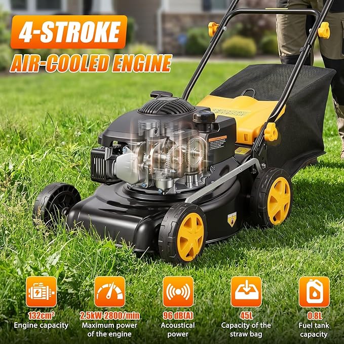 132cc Self Propelled Gas Lawn Mower, 16" Gas Powered Lawn Mowers with Powerful 4-Stroke Engine, 3-in-1 Gas Mower with 8-Position Height Adjustment,Foldable Push Mower for Yard, Yellow