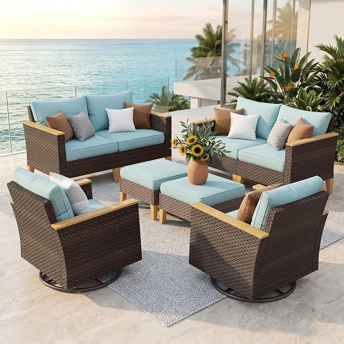 PHI VILLA Wicker Patio Furniture Set with Swivel Chairs, 8 Pieces Outdoor Conversations Set, Oversized Rattan Patio Sectional Sofa Couch with Ottoman, Aqua Blue Cushion