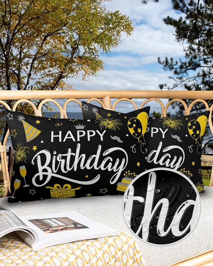 Prime Leader Outdoor Waterproof Pillow Covers Set of 2, Happy Birthday Cake Firwoks Black Patio Throw Pillow Covers, Decorative Cushion Case for Couch Sofa Furniture Garden, 20x12 Inch