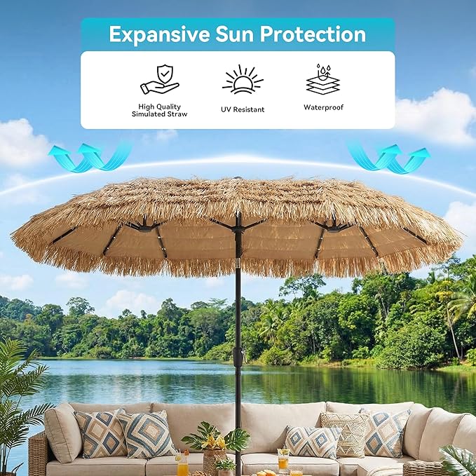COSIEST 13FT Large Patio Umbrella with Solar Lights, Outdoor Double-Sided Tiki Umbrella, Rectangular Market Umbrella w Crank Handle for Garden、Pool、Deck Shade