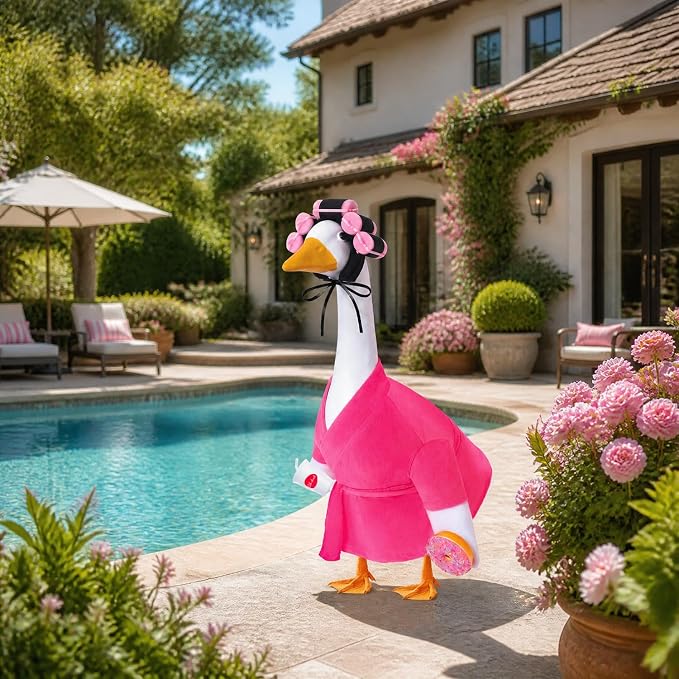 Lady Porch Goose Bathrobe Outfits Fits 23" Concrete Goose Statue | Funny Winter Porch Goose Outfit Old Lady Geese Costume with Curlers Coffee Cup for Outdoor Yard Garden Patio Decor(Fuchsia)