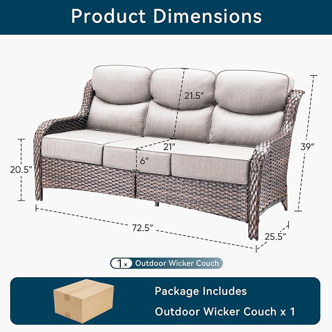 Luxury Outdoor Patio Furniture Set-Wicker High Backrest 3-Seat Patio Sofa with Comfy 6" Cushion, Rattan Couch with Deep Seat All-Weather Patio Conversation Set for Deck Backyard Garden(Brown/Beige)