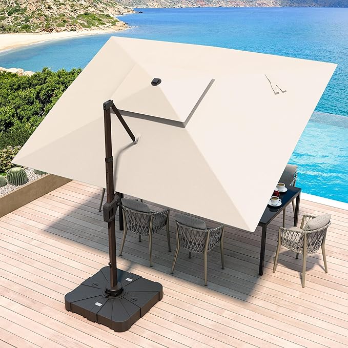 JZAC & QZYD 10X13 FT Outdoor Cantilever Patio Umbrella with LED Lights, Large Heavy Duty 2-Tier Aluminum Offset Umbrellas with 360-Degree Rotation for Pool Deck, Beige
