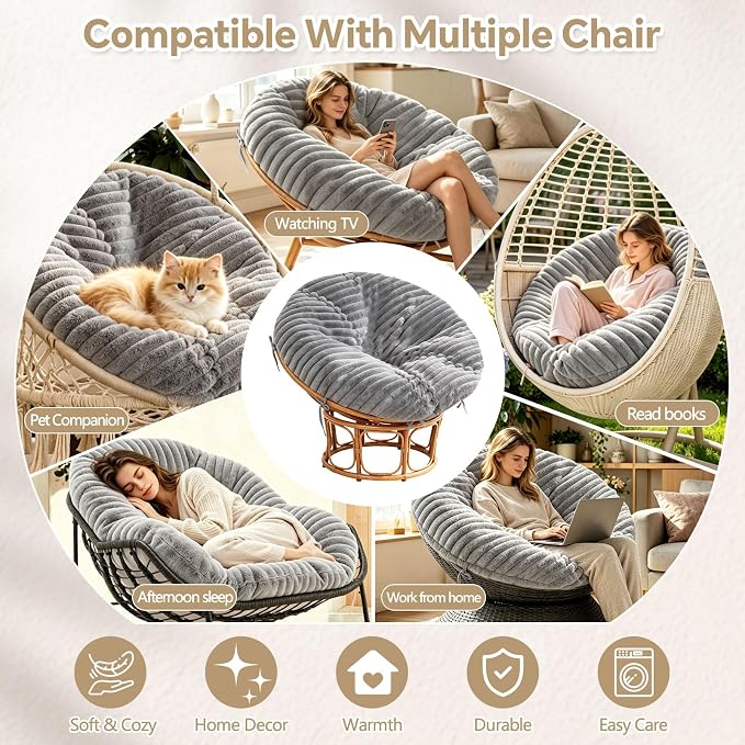 Fluffy Shaggy Cover for Papasan Cushion Cover, 50 Inch, Machine Washable | Super‑Soft Faux Fur Papasan Chair Cushion Cover, 8 Ties Keep Cover Secure, Long‑Zipper for Easy Removal, Grey (Only Cover)