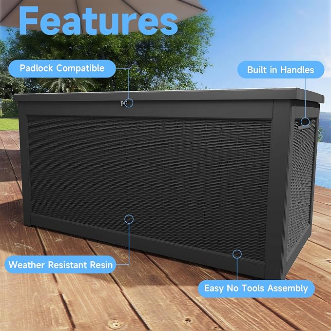 310 Gallon Lockable Outdoor Storage Box – Waterproof Resin Deck Box for Patio Furniture, Garden Tools, Pool Accessories (Black)