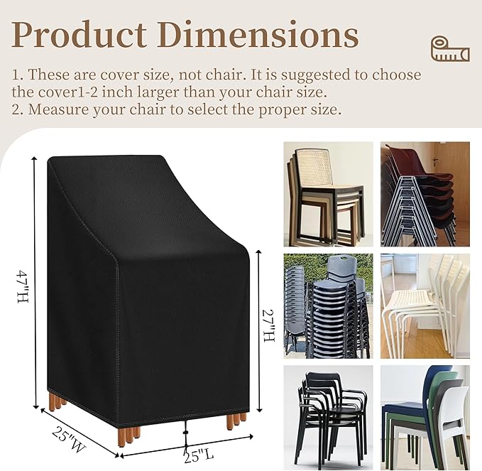 Stackable Patio Chair Cover Waterproof Outdoor Chair Cover Lounge Chair Covers Outdoor Stack Chairs for All Weather Protection 25"Lx25"Wx47"H,Black