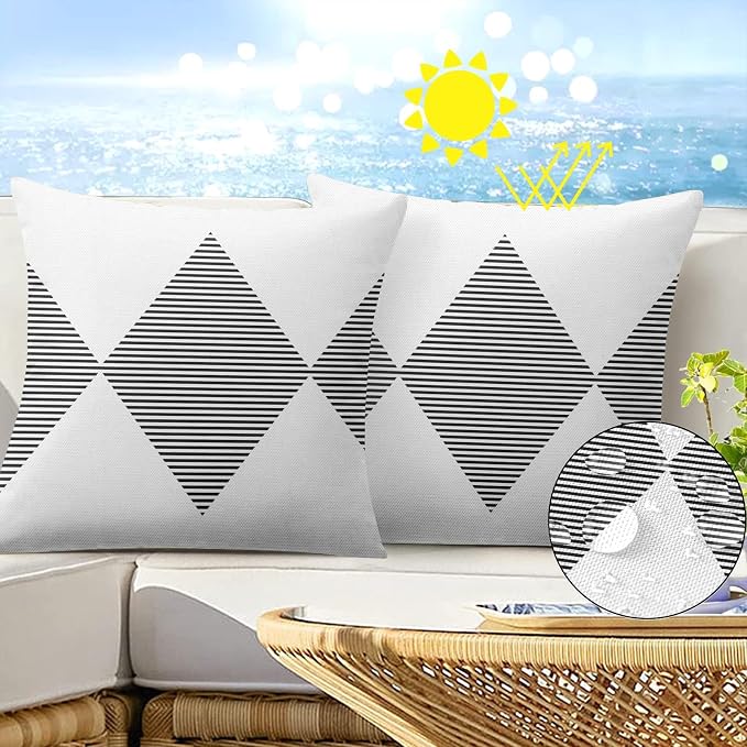 Throw Pillow Covers, White Stripes, Set of 2, 18 x 18 Inch | Black Waterproof Modern Pillowcase Square Cushion Case Farmhouse Garden Decorative Pillows for Couch Beach Patio