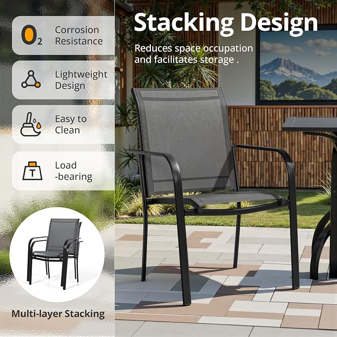 Crownland 7 Piece Patio Dining Set, Textilene Dining Sets, 6 Textilene Metal Chairs and Rectangular Outdoor Dining Table with Sky Blue 9FT Round Outdoor Umbrella (Grey)
