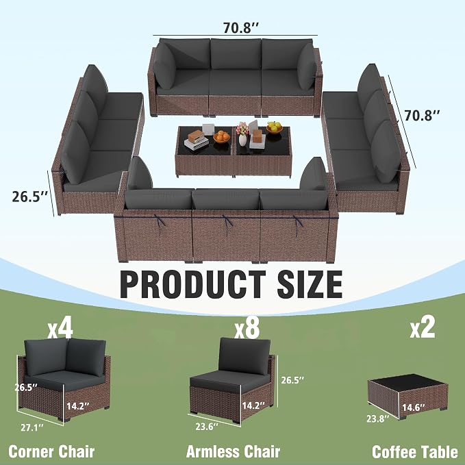 KIGOTY 14-Piece Patio Furniture Set, All-Weather PE Rattan Outdoor Sectional Sofa, Modular Wicker Conversation Set with Thick Cushions & Easy-Clean Coffee Table（Brown/Dark Grey）