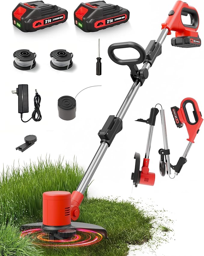 Electric Weed Wacker, 21V Weed Eater Battery Powered, Cordless String Trimmer Adjustable Height Electric Mower for Garden, Edger Lawn Tool