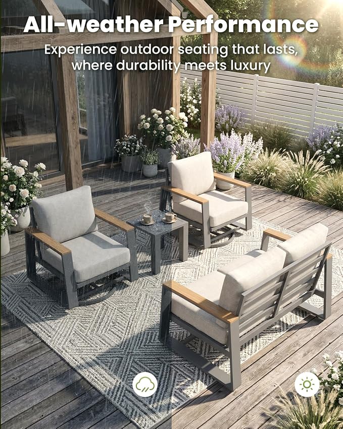 Aluminum Outdoor Patio Furniture Set, 5-Piece Patio Conversation Set with 5" Thick Cushions, Aluminum 360-Degree Large Outdoor Furntiure Set with Side Table and 5-Seat Sofa, Graphite