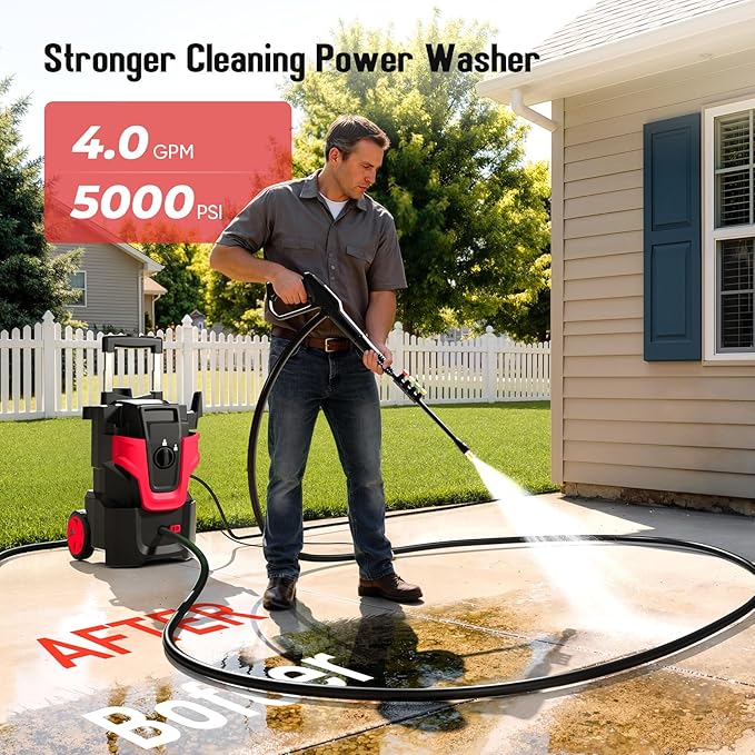 Heavy Duty MAX5000 PSI Pressure Washer, 3-Speed Adjustable Power Washer with 2-Stage Pull Rod, 4 Nozzles, Foam Cannon & 500ml Soap Bottle for Car, Home & Outdoor Cleaning,Red