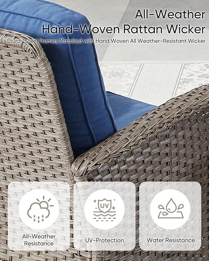 HUMMUH Patio Furniture Wicker Outdoor Furniture Sets High Back Outdoor Glider Bench with Patio Swivel Chairs Patio Conversation Sets for Deck Lawn Porch Balcony Poolside-Grey/Blue