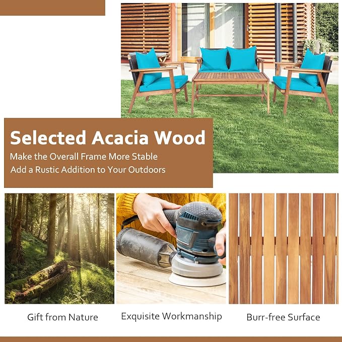 Tangkula 4-Piece Patio Furniture Set, Outdoor Acacia Wood Conversation Set with Cushions and Coffee Table, Outdoor PE Wicker Sectional Sofa Set for Garden, Poolside and Backyard (1, Turquoise)