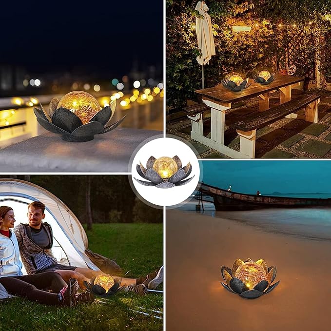 Lotus Solar Lights Outdoor Decor, Waterproof LED Metal Garden Decors for Patio, Yard, Lawn, Balcony, Outdoor Table, Ground