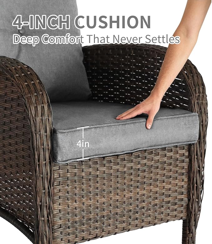 All Weather Patio Furniture Set, High Back Swivel Rocker Glider Chairs，Ottomans & Glass Tables, Outdoor Conversation Set for Deck Porch Yard Poolside (Grey, 5PCS-Swivle Chairs&Ottomans&Table)