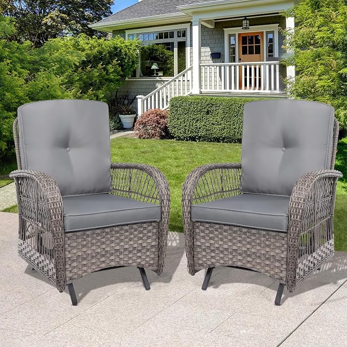 Outdoor Wicker Glider Rocker Chair Set of 2, Patio Rattan Gliding Rocking Chairs with Thickened Cushions, All-Weather Wicker Furniture Sets for Porch Garden & Backyard, Gray