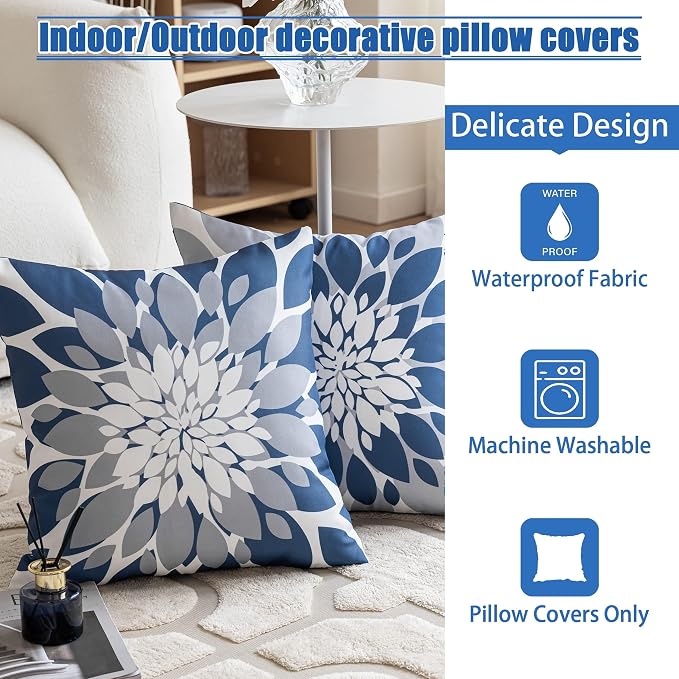 Pack of 4 Outdoor Waterproof Pillow Covers 24x24 Decorative Outdoor Throw Pillows Garden Square Cases for Patio Furniture, Couch, Tent Sunbrella, Bench, Blue Grey