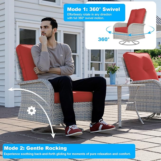 12-Piece Small Patio Furniture Set, Outdoor Swivel Rocking Chairs Set with 55,000 BTU Fire Pit Table Wicker Chairs and Ottomans, Patio Bistro Set for Balcony, Deck, Porch, Red