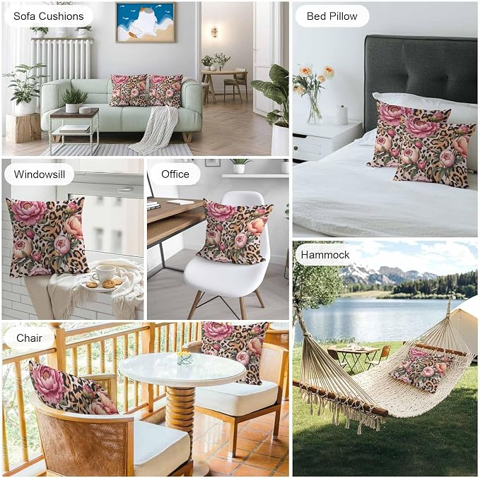 Vandarllin Outdoor Throw Pillows Covers 26x26 inch Set of 2 Waterproof Leopard Print Decorative Zippered Cushion Covers for Patio Furniture, Pink Floral Retro Animal Skin Lumbar Pillowcases