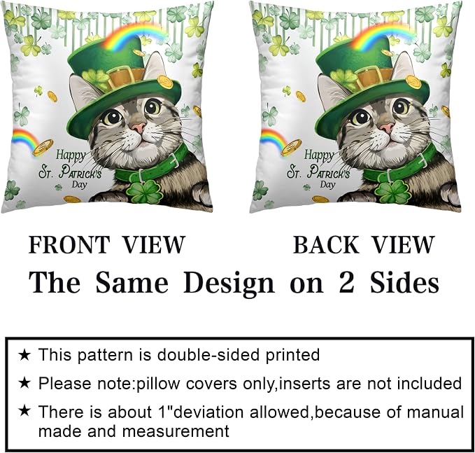 Happy St Patricks Day Pillows Covers 18x18 Pack of 2 Lucky Cat Clover Pillow Covers Rainbow Gold Coin Shamrock Decorative Pillow Cases Cushion Case for Living Room Couch Sofa