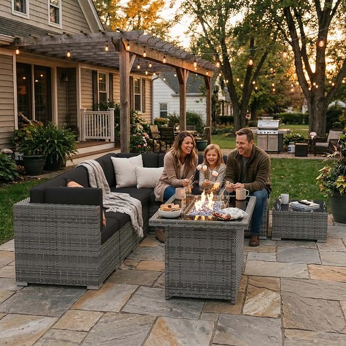 8 Pieces Patio Furniture Set with 44" Propane Gas Fire Pit Table, Outdoor Sectional Wicker Conversation Sofa Sets with Coffee Table