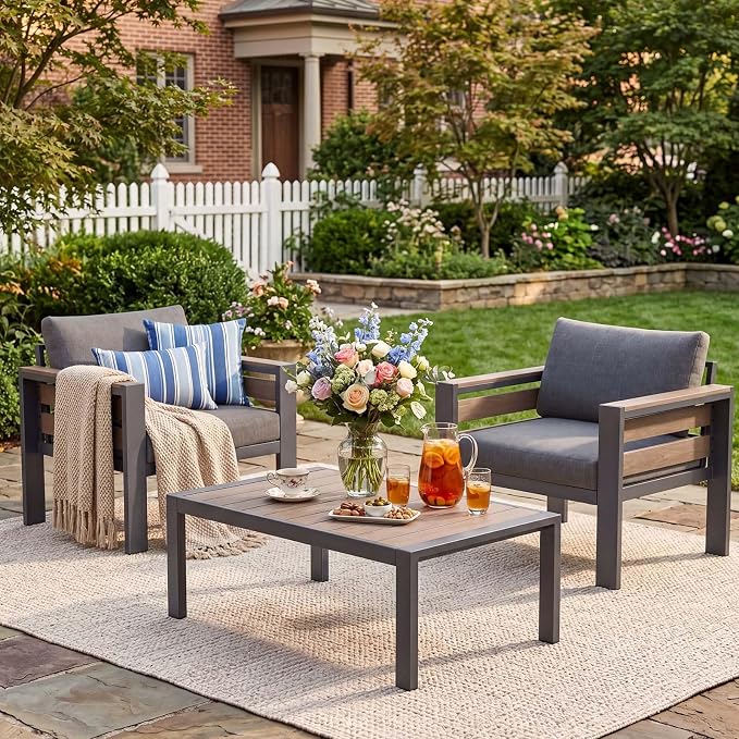 DoCred 2 Pcs Aluminum Armchairs with Coffee Table for Patio Furniture Set | Patio Conversation Set Outdoor Sofa Set for Porch, Balcony, Deck, Yard, Poolside