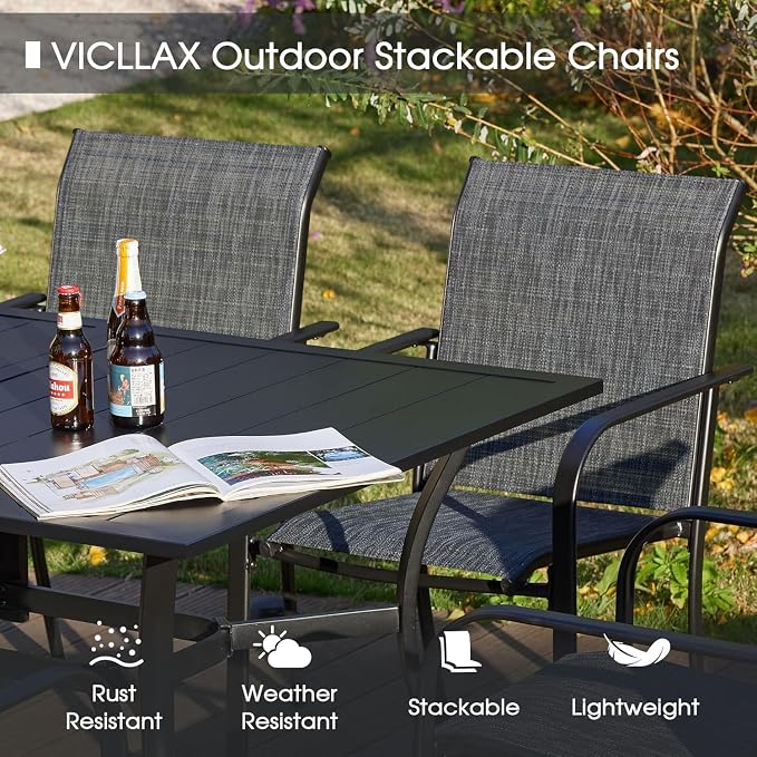 VICLLAX Patio Dining Set for 6, 7-piece Outdoor Dining Set - 59" Rectangle Patio Table and Chairs for Lawn Garden, Black Tabletop and Fabric