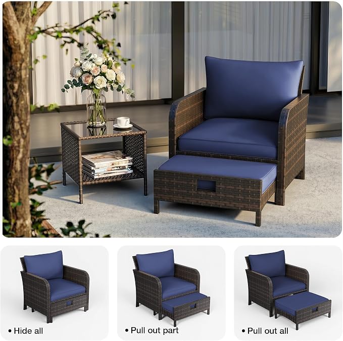LEVELEVE Patio Conversation Set 5 Piece, Balcony Furniture Outdoor PE Rattan Wicker Lounge Chairs with Soft Cushions, 2 Ottomans & Glass Table for Porch Lawn, Brown (Blue Cushions
