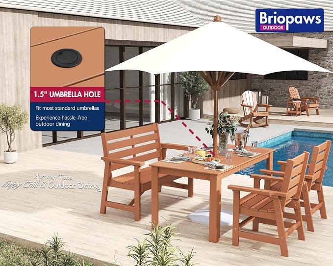 BRIOPAWS Outdoor-Dining-Table-Set | 3 Piece | HDPE | 2 Benches Chairs Sets for 4 | Patio Dinner Furniture | All Weather | Umbrella Hole | for Poolside Deck Backyard Outdoors | Teak