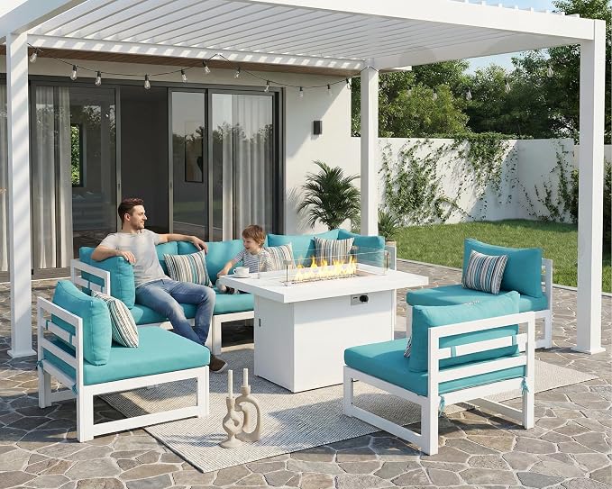BULEXYARD 7 Pcs Large Aluminum Outdoor Patio Furniture Set with Rectangular Fire Pit Table, 29" Wide Deep Seat, Rust Proof Minimalist Sectional Sofa, 500 lbs Sturdy Outside Conversation Set, Turquoise