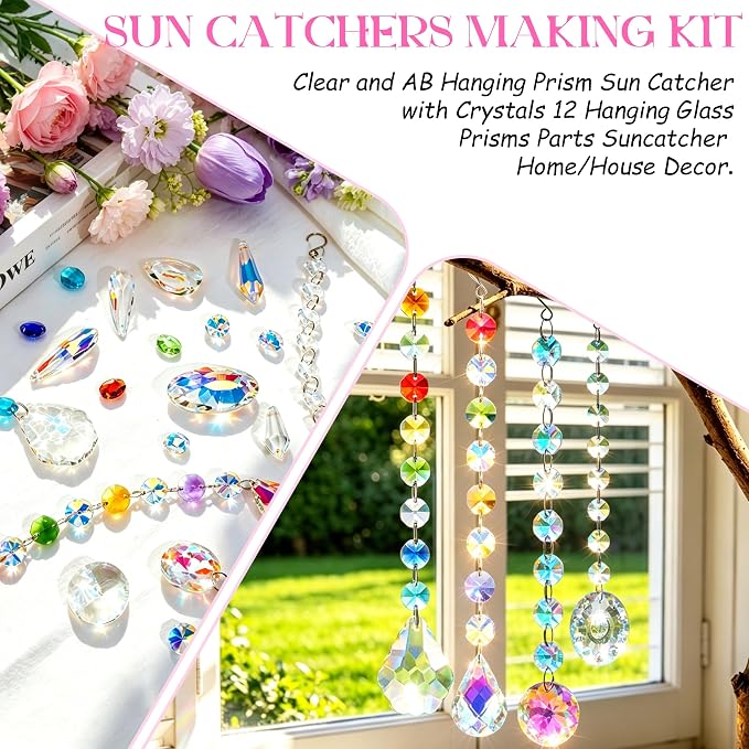 212pcs Crystal Suncatcher Kit, Glass Prisms for Chandelier Parts | K9 Crystal Prism Suncatcher, DIY Kit, Rainbow Maker for Window & Home, 12 Hanging Prisms Set, Shiny Decor Pendants Gift