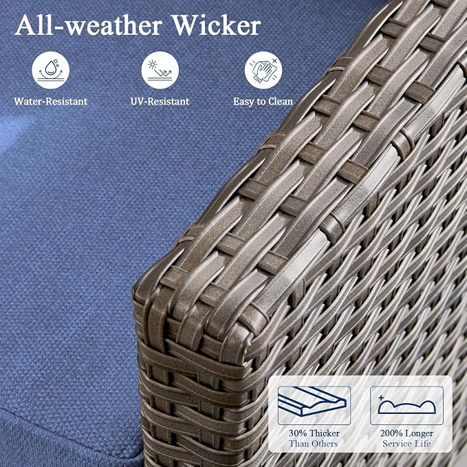 Luxury Patio Furniture Chairs Set - 6 Pieces All Weather Wicker Outdoor Couch and High Back Swivel Rocker Patio Chairs with Side Table for Deck Yard and Poolside Gray Wicker | Blue Cushions