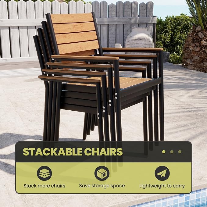9-Piece Outdoor Dining Set, 56" Square Table and Stackable Arm Chairs | Aluminum Frame Umbrella Hole and All-Weather Wood Grain Patio Furniture for 8 for Garden, Patio, Backyard, Brown