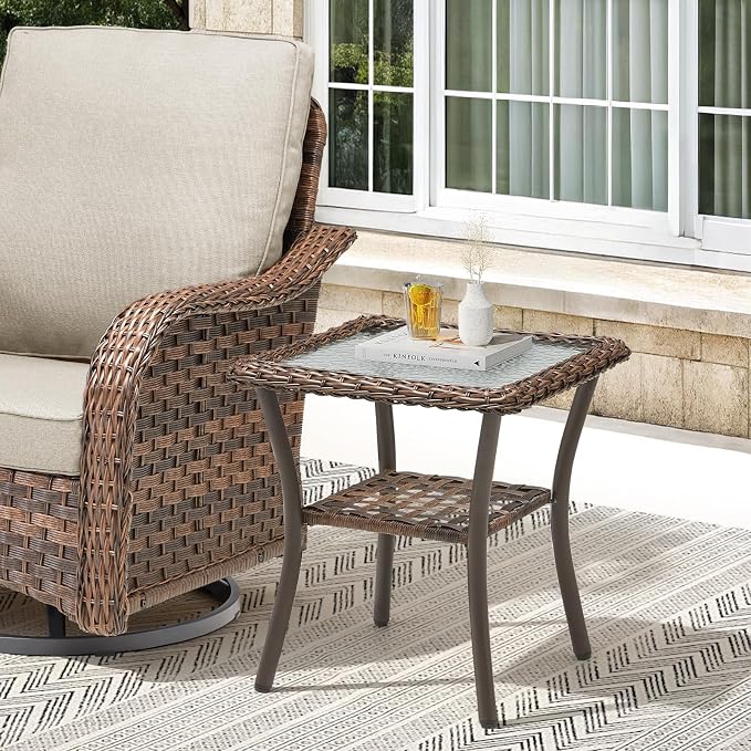 5 PCS Patio Furniture Set, 2 Swivel Rocking Chairs with 2 Ottomans & Side Table, 4-Inch Thick Olefin Cushions, 300 lbs Capacity Wicker Swivel Rocker Chairs for Porch, Balcony, Backyard, Beige