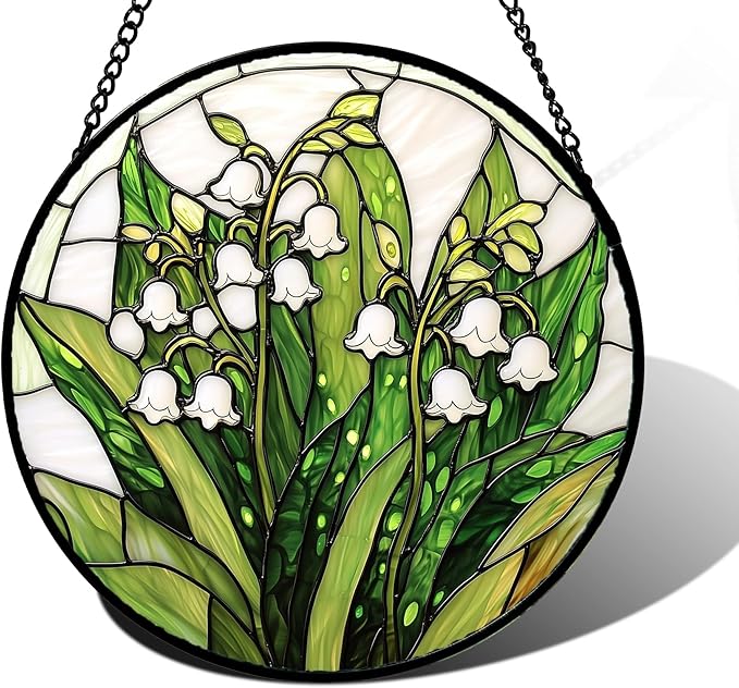 DASTOLL Stained Glass Window Hanging, Lily of the Valley Flower Sun Catchers Colorful Glass Panel Green Plants Suncatcher Decor for Birthday for Women,Men,Wife, Lovers, and Mom 11.8 in