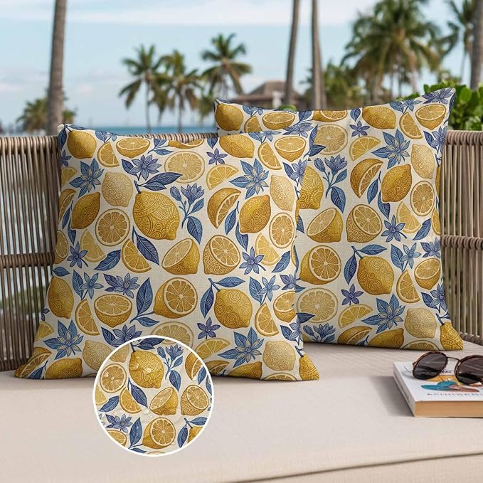 Summer Fruit Outdoor Waterproof Pillow Covers Pack of 2, Watercolor Yellow Lemon Blue Flowers Rustic Retro Throw Pillowcases Decorative Cushion Covers for Garden Patio Tent Sofa Couch, 16x16 inch