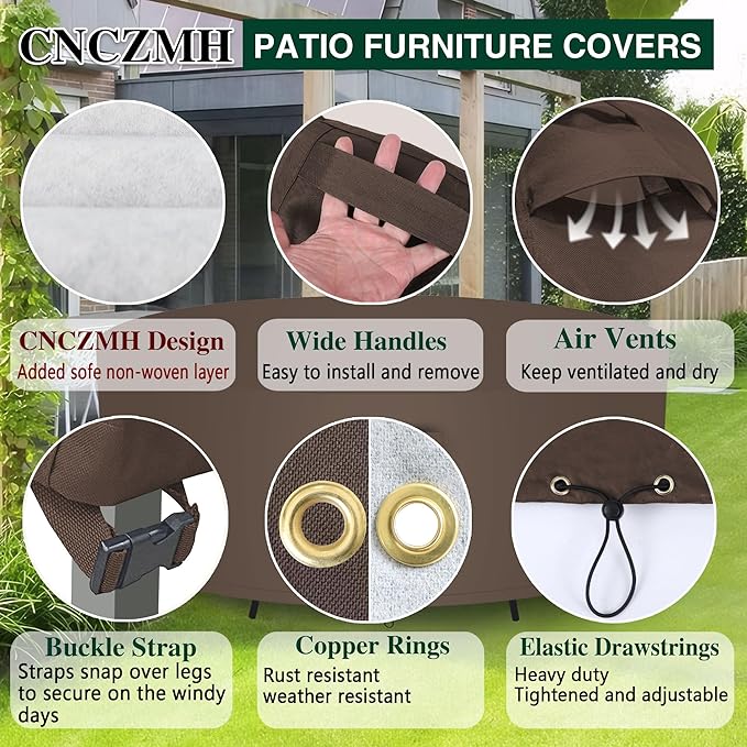 Heavy Duty Patio Furniture Covers Waterproof, 600D Round Outdoor Furniture Cover Waterproof for Sectional Sofa Couch, Outdoor Dining Table and Chair Set Covers 110"DIA x 28"H, Brown