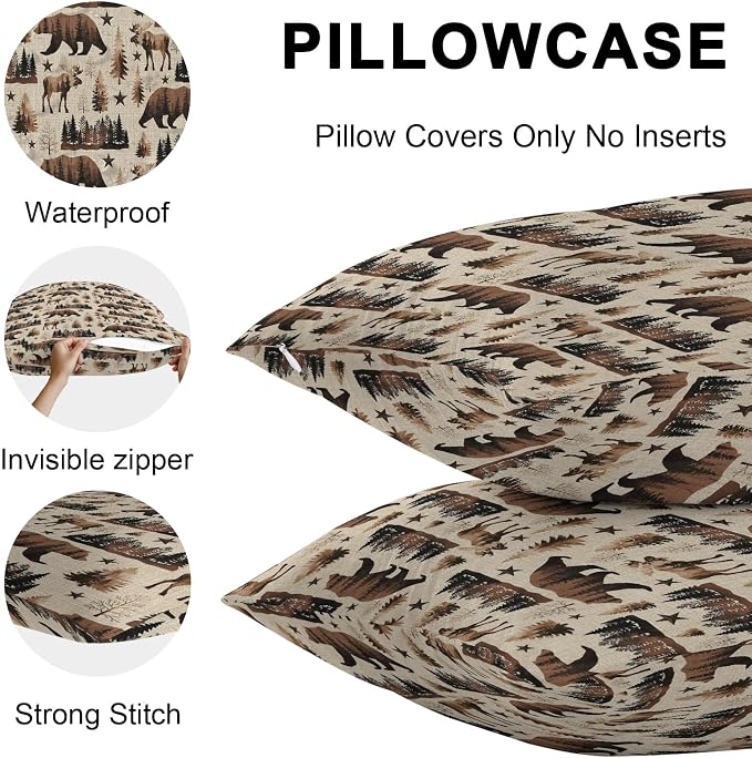 Brown Bear Elk Cabin Outdoor Pillow Covers 20x20 Inch Throw Pillow Covers Set of 2 Waterproof Decorative Pillow Cases Vintage Farmhousee Pine Tree Forest Cushion Covers for Patio Furniture Garden