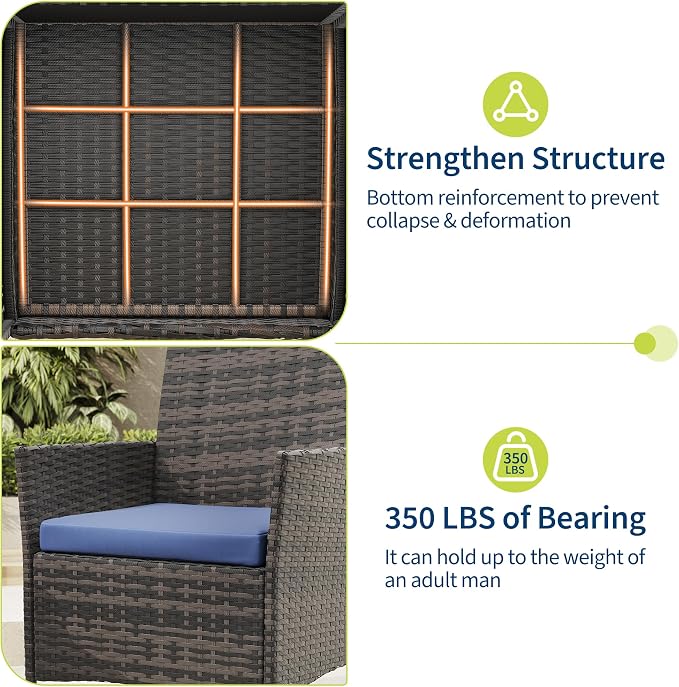 Garvee Patio Conversation Set 3 Piece, Brown Wicker Rattan Outdoor Furniture Set with Cushioned Chairs and Glass Top Coffee Table for Small Patio, Porch, Balcony, Backyard