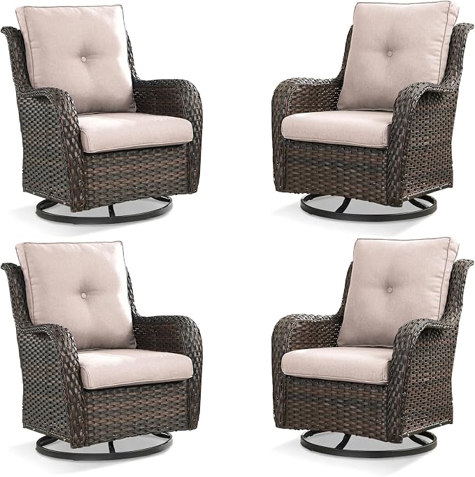 Rilyson Wicker Rocking Chair Swivel Chairs - 4 Piece Rocker Patio Chairs Set Rattan Rocking Chair for Outdoor Porch Deck Garden Backyard(Brown/Beige)