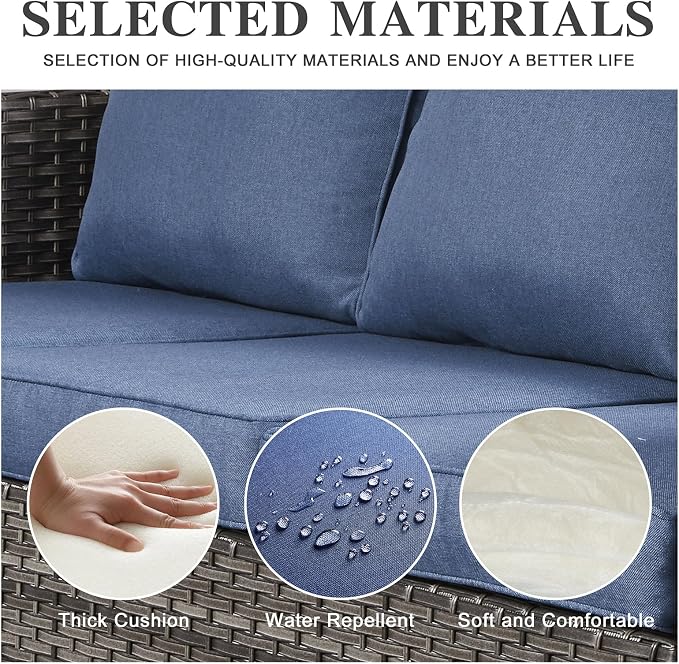 Belord 6 Piece Outdoor Furniture Patio Wicker Sofa Set, Oversize Outdoor Dining Chairs with Rattan Ottomans, Conversation Sets Patio Furniture Come with Removable Washable Cushion Blue
