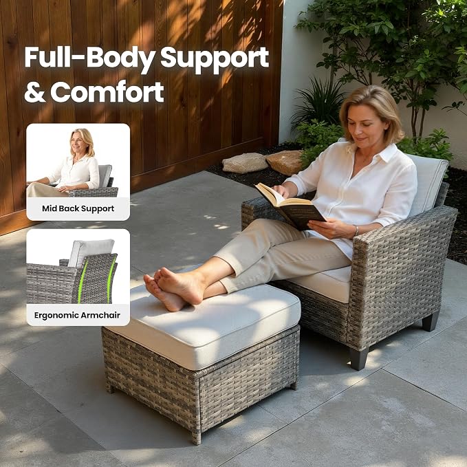 4 Piece Wicker Patio Furniture Set with Solar Table, Gray | Outdoor Deep Seating Sofa Chair, Solar Lights Table, All Weather Rattan, Modern Conversation Set, Porch Deck Backyard