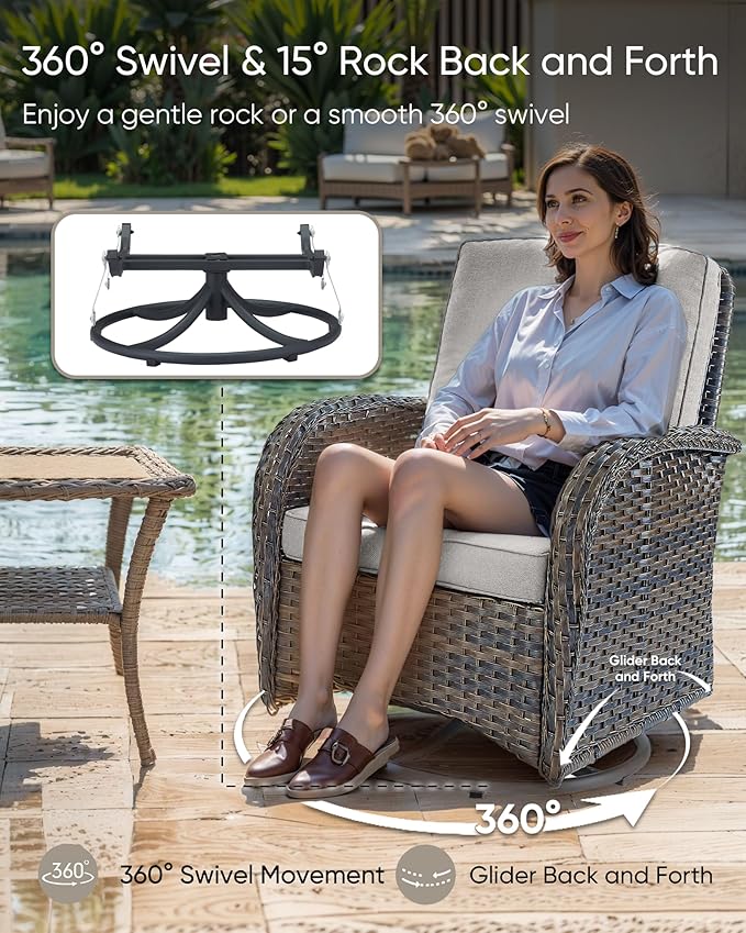 HUMMUH 5-Piece Patio Set with Glider Loveseat, Swivel Rockers and Fire Pit | 4 in cushions, PE wicker, powder-coated steel frames, 50,000 BTU gas fire pit, for backyard, poolside, and deck